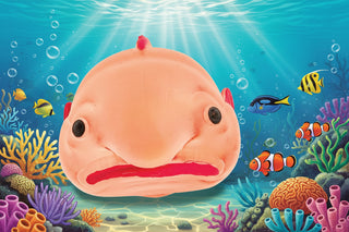 Plush toy resembling a fish with a sad expression 