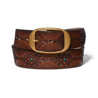 Brighton Blue Nessa Belt in brown leather with floral tooling, turquoise studs, and gold oval buckle