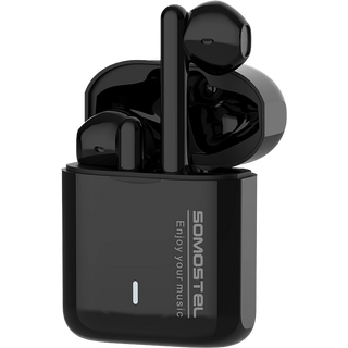 Sanis black wireless earbuds in open glossy charging case with stem design