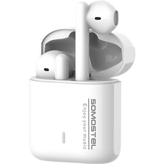 Sanis white wireless Bluetooth earbuds in open white charging case