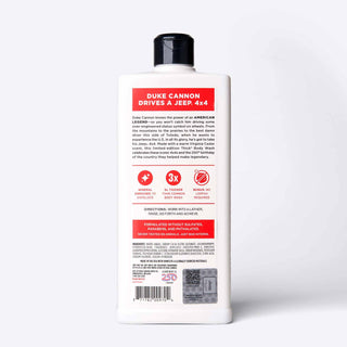 Back label of Duke Cannon Jeep 4x4 Body Wash showing ingredients and product details