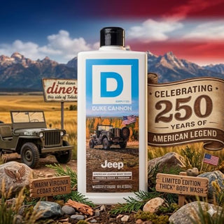 Duke Cannon Supply Co. Jeep Edition Body Wash in Virginia Cedar scent, celebrating 250 years of American Legend