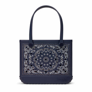 Navy blue Bogg Bag Baby tote with white bandana paisley print and handles