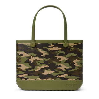 Bogg Bag Baby tote in camouflage print with olive green handles and base