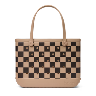 Bogg Bag Baby tote in tan and brown checkerboard pattern with handles
