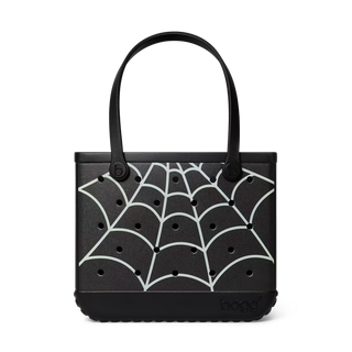 Bogg Bag Baby black tote with white spiderweb print and black handles