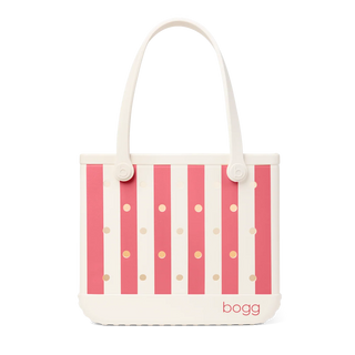 Bogg Bag Baby tote in cream with pink stripes and gold polka dots