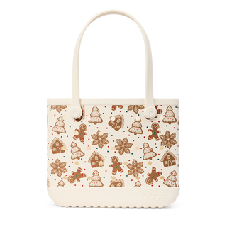 Bogg Bag Baby tote in coconut cream with festive gingerbread cookie print pattern