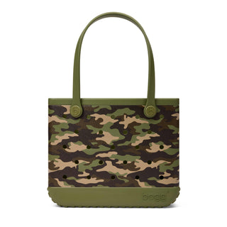 Bogg Bag Baby tote in camouflage print with olive green handles and base