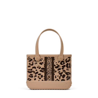 Bogg Bag Baby tote in tan leopard print with brown stripe accents