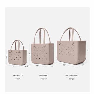 Bitty Baby and Original Bogg Bag size comparison in beige showing dimensions