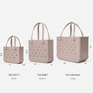 Bitty Baby and Original Bogg Bag size comparison in beige showing dimensions