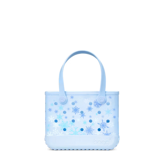 Bogg Bag Bitty small light blue tote bag with snowflake print and handles
