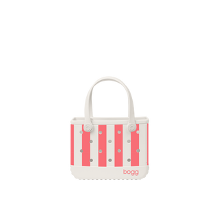 Bogg Bag Bitty small tote in white with coral pink vertical stripes