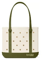 Bogg Bag Bitty small tote in cream with olive green trim and polka dots