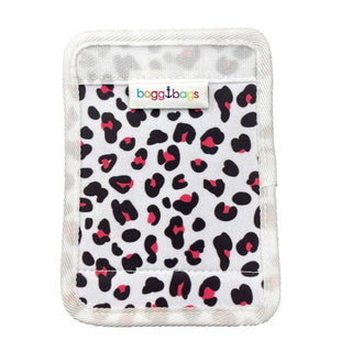 Bogg Bag strap wrap with black leopard spots and pink heart accents on white fabric