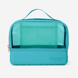 Turquoise Boggs and Ends makeup bag featuring ribbed matte base, U-shaped zipper, and vertical slip pocket