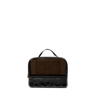 Bogg Bag black leopard print cosmetic organizer with smoked clear panel and top handle