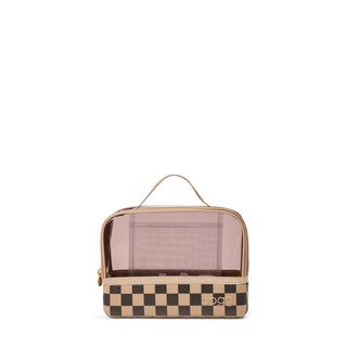 Bogg Bag clear cosmetic case with tan and brown checkered bottom panel and handle
