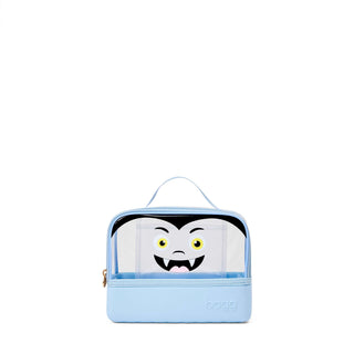 Bogg Bag light blue clear zip pouch with vampire face graphic and top handle