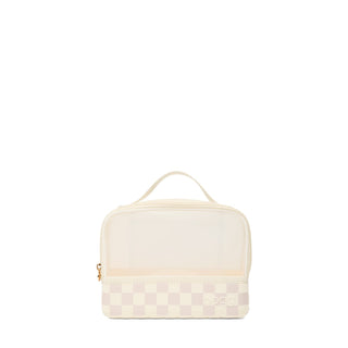 Cream iridescent cosmetic bag with checkered bottom panel and gold zipper