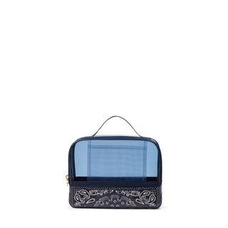 Navy blue clear zip cosmetic bag with paisley bandana print base and top handle