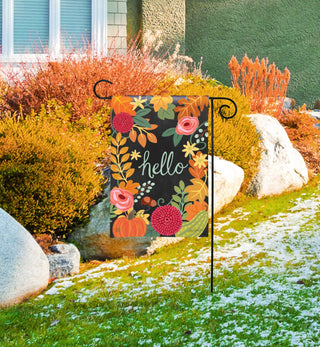 Boho fall garden flag with 'hello' text, autumn florals, and pumpkin on black background