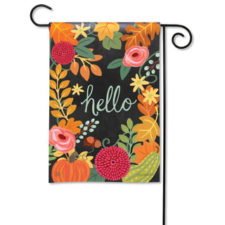 Boho Fall garden flag with hello script surrounded by autumn florals and pumpkins on black background
