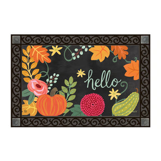 Boho Fall MatMate doormat with pumpkins, autumn leaves, and hello script on black