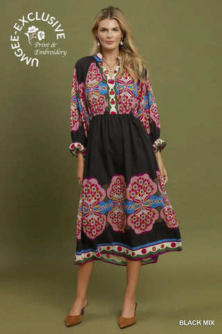 Boho Floral Print Midi Dress