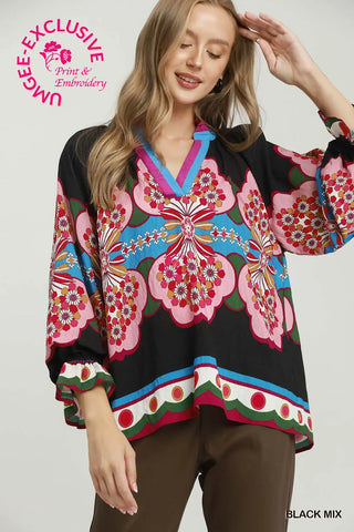 Boho Floral Print Peasant Blouse