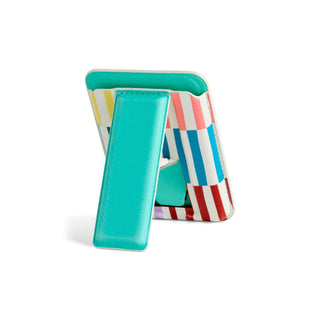 Back view of boldly striped magnetic wallet with teal kickstand fully extended for phone stand
