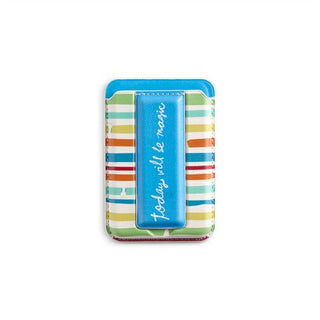 Boldly striped magnetic wallet with blue center band reading 'today will be magic'