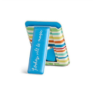 Back view of boldly striped magnetic wallet standing upright showing blue kickstand with inspirational text