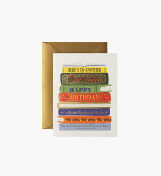 Rifle Paper Co. Book Stack Birthday Card with stacked illustrated books and gold envelope