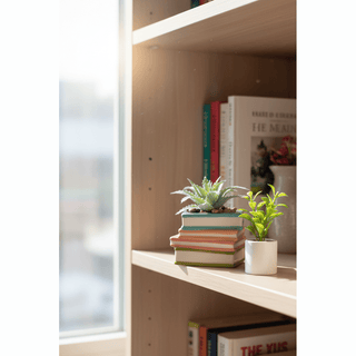 Miniature pot on bookshelf