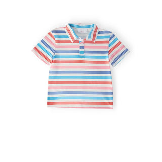 Striped polo shirt with red, blue, and white colors 