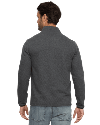 Back view of man wearing charcoal heather quilted quarter-zip mock neck pullover with jeans
