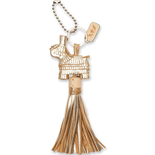 Consuela Brit Charm gold leather pinata keychain with tassel and ball chain