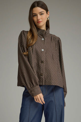Entro brown polka dot button-front jacket with high neck and puff sleeves