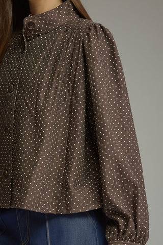 Entro brown polka dot long sleeve cropped jacket with button front
