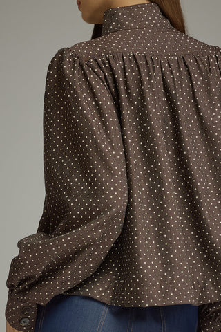 Entro brown polka dot long-sleeve jacket with gathered back and button cuffs