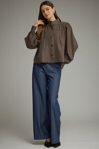 Brown polka dot button-front jacket with puffed sleeves and ruffle collar