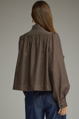 Entro brown polka dot long sleeve blouse with gathered back and button cuffs