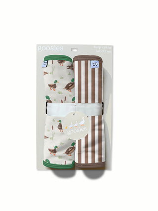 Goosies burp cloth set two mallard duck print and brown stripe design