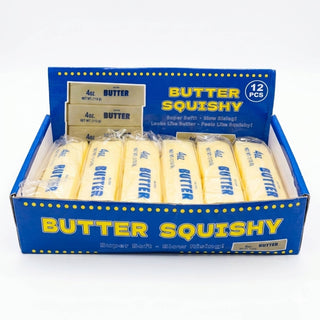 12 pack yellow Butter Squishy stress relief toys in retail display box