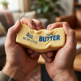 Adult hands squeezing yellow butter squishy for stress relief at home