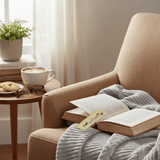 Stick With It bookmark placed in open book with coffee