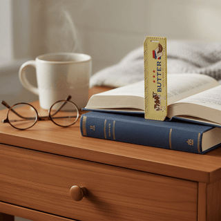Butter bookmark peeking out from hardcover book