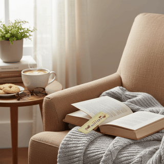 Stick With It bookmark placed in open book with coffee